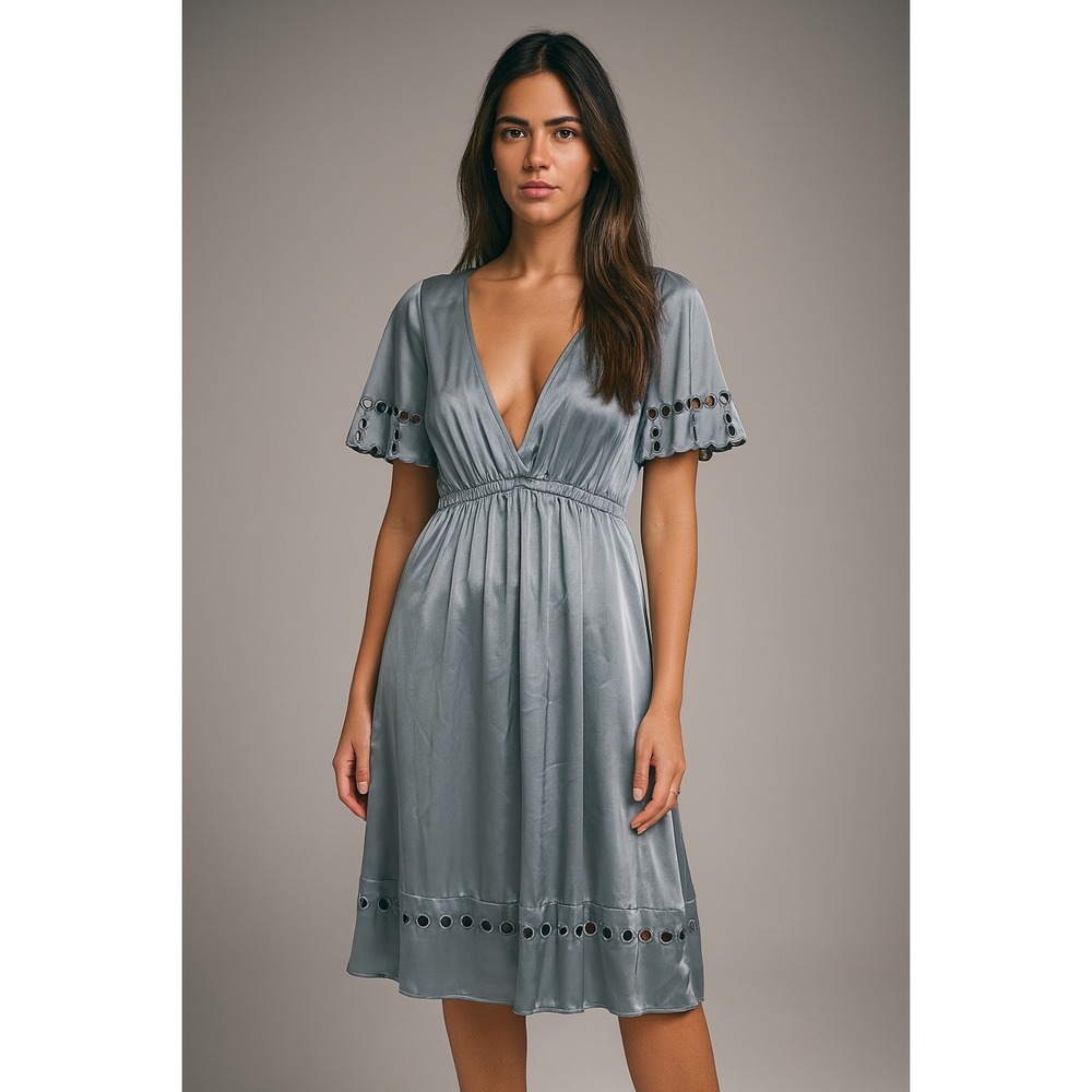 See by Chloe Silk Babydoll Slip Dress Eyelet‎ Blue Y2K Coquette Size 40 US 4 NEW